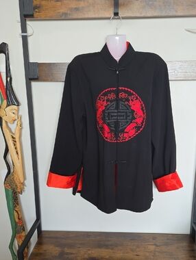 Dragon Black & Red 100% Silk Chinese Vtg Embroidered Mandarin Jacket